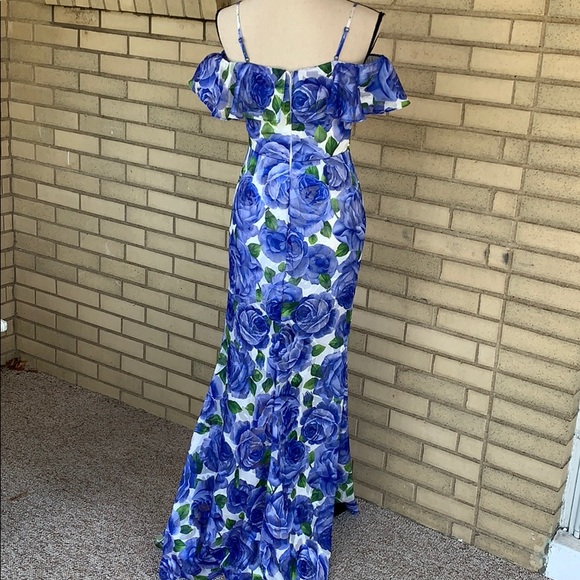 ❌DONATED❌Royal Blue White Floral Off Shoulders Ruffled Lined Maxi Dress - Picture 7 of 17